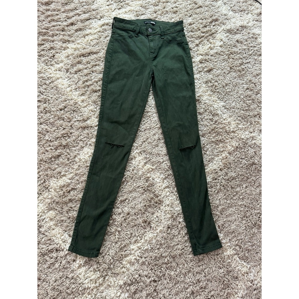 Fashion Nova Women Olive Green‎ Distressed Knee Skinny Jeans Size 3